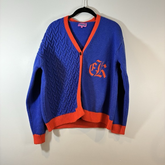 Edikted Women's Oversized Varsity Cardigan Sweater Knit Logo Blue Orange‎ XS/S - Picture 1 of 7